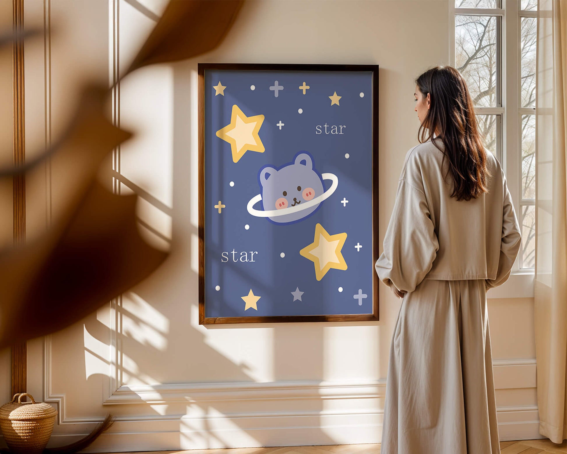 Adorable cartoon bear with stars on a blue background