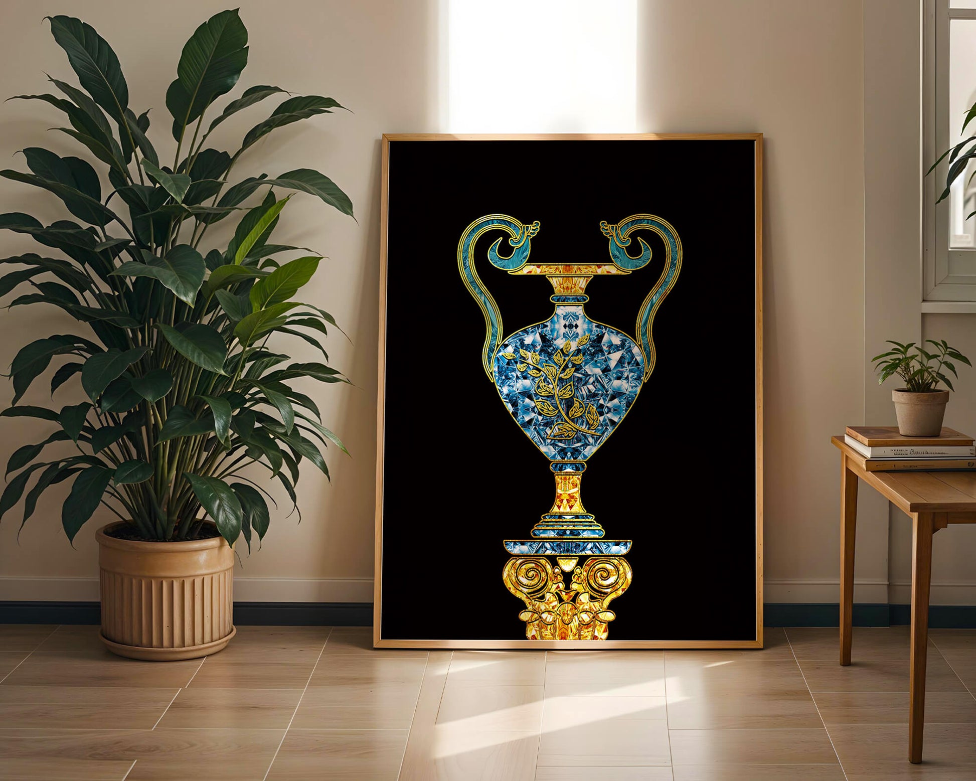 Elegante jarrón con incrustaciones de joyas y detalles dorados y azules sobre fondo negro