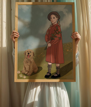 Jeune fille avec des tresses tenant des fleurs à côté d’un chiot heureux dans un champ paisible