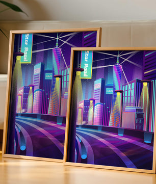 Futuristic Neon Cityscape with Illuminated Skyscrapers and Curved Road