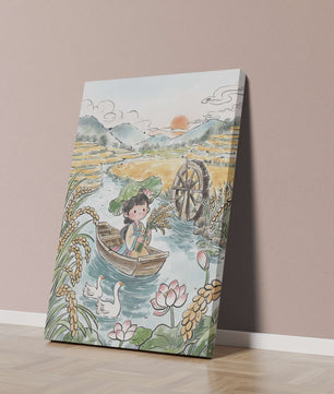 Niña en un bote con campos de arroz y atardecer de fondo