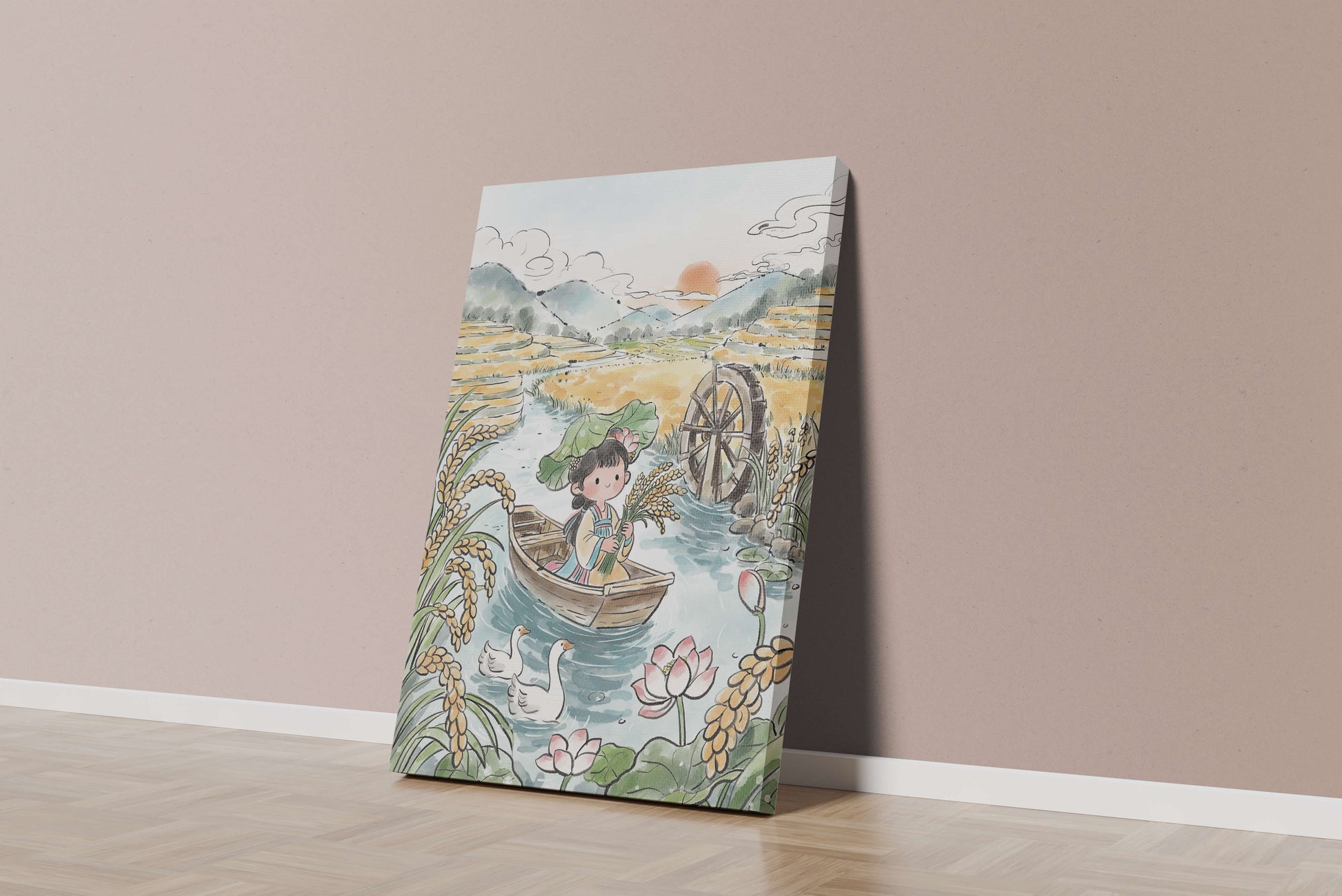 Niña en un bote con campos de arroz y atardecer de fondo