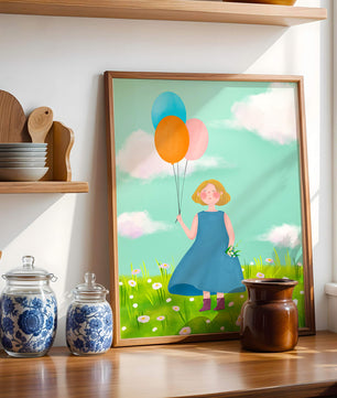 Girl with balloons in a field of daisies under a blue sky