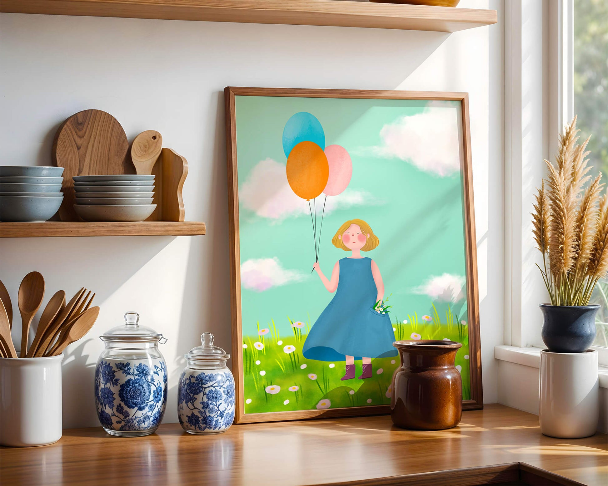 Girl with balloons in a field of daisies under a blue sky