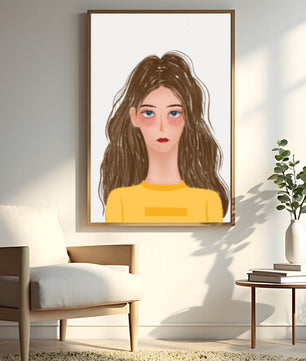 Illustrated portrait of a woman with long brown hair and expressive eyes