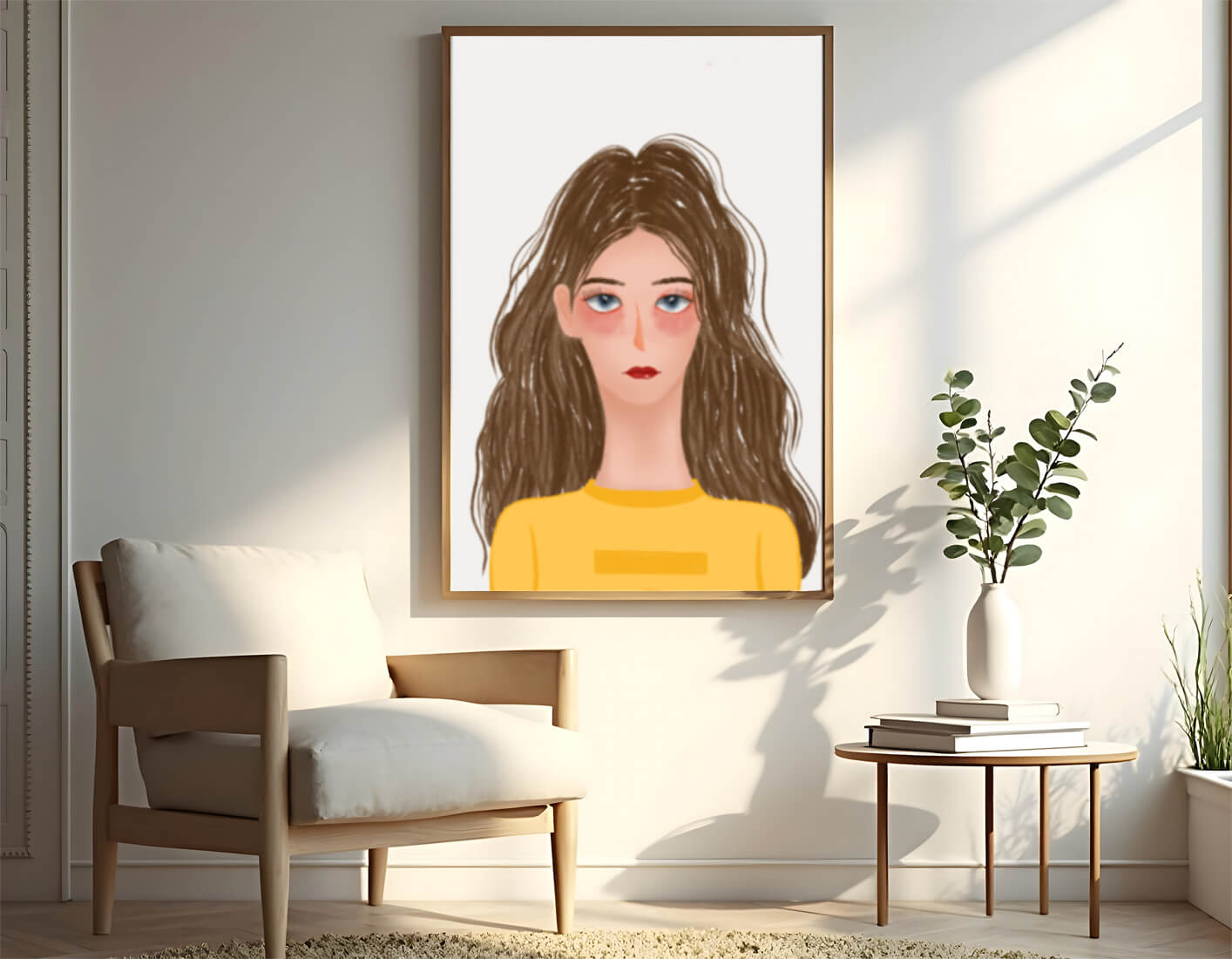 Illustrated portrait of a woman with long brown hair and expressive eyes