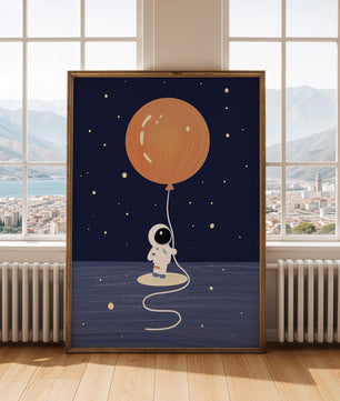 Encantador astronauta sosteniendo un globo naranja grande bajo un cielo estrellado
