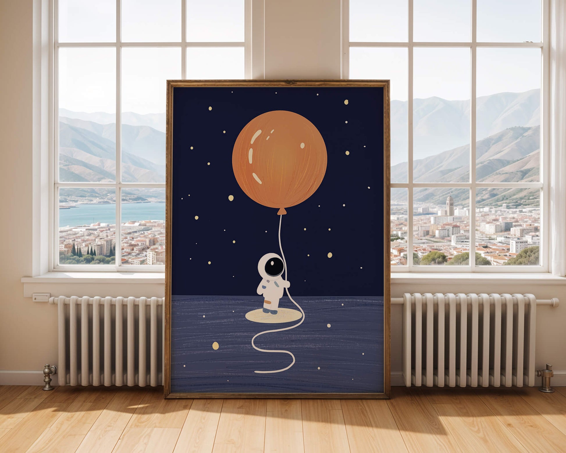 Charming Astronaut Holding Large Orange Balloon Under Starry Sky