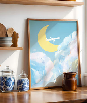 Ilustración de cielo panorámico con avión y luna creciente