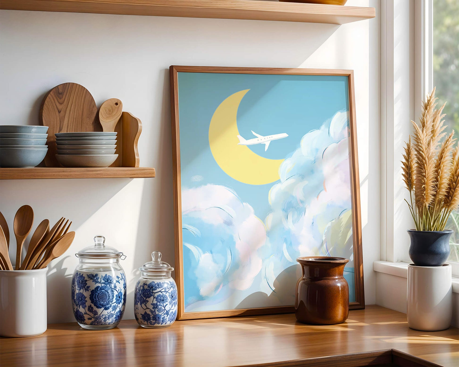 Scenic sky illustration with airplane and crescent moon