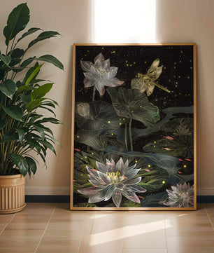 Lotus Flowers and Dragonfly in Nighttime Pond
