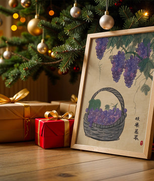 Basket Of Grapes With Vine Leaves In Traditional Style