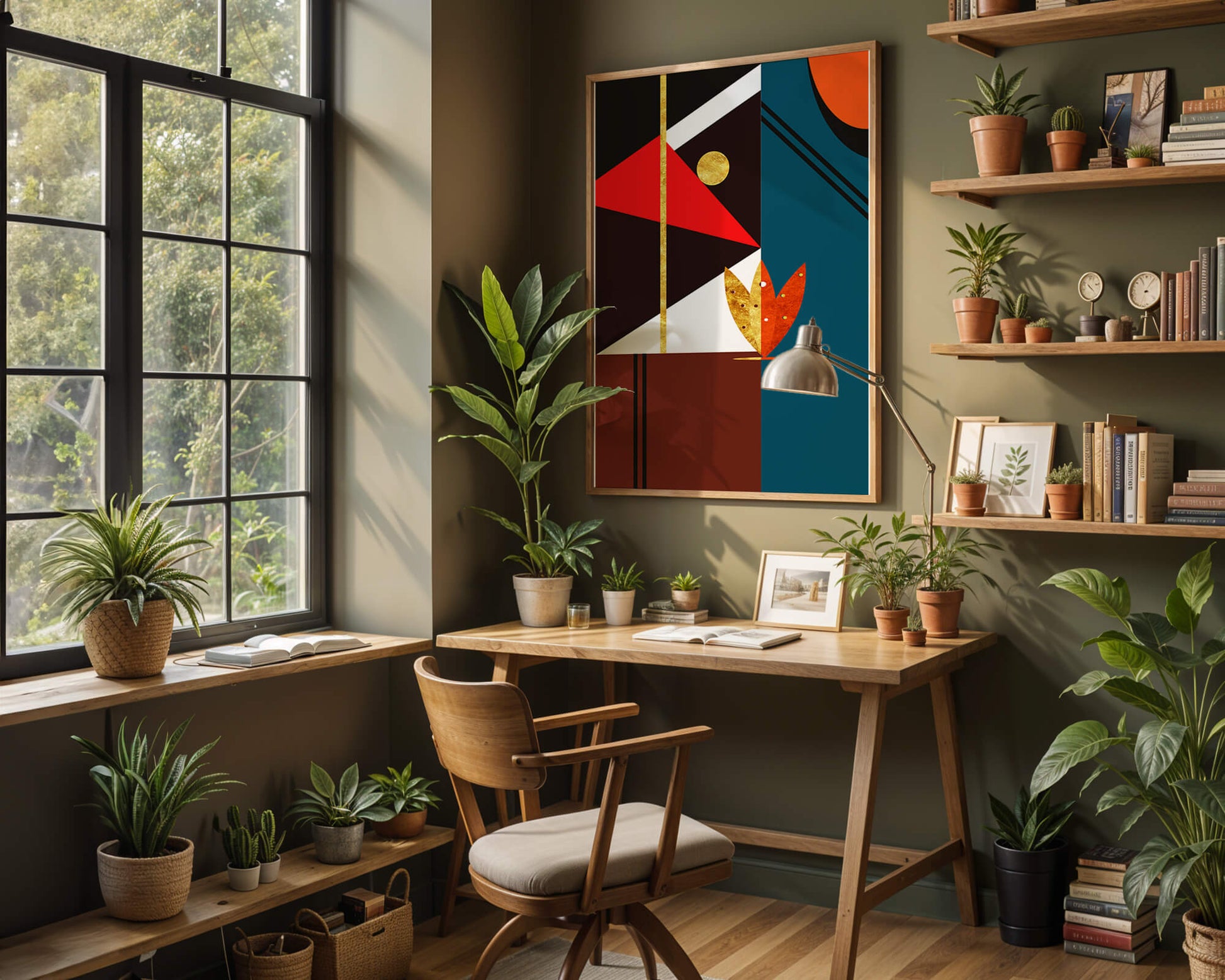 Geometrische abstrakte Kunst mit Gold und kräftigen Formen