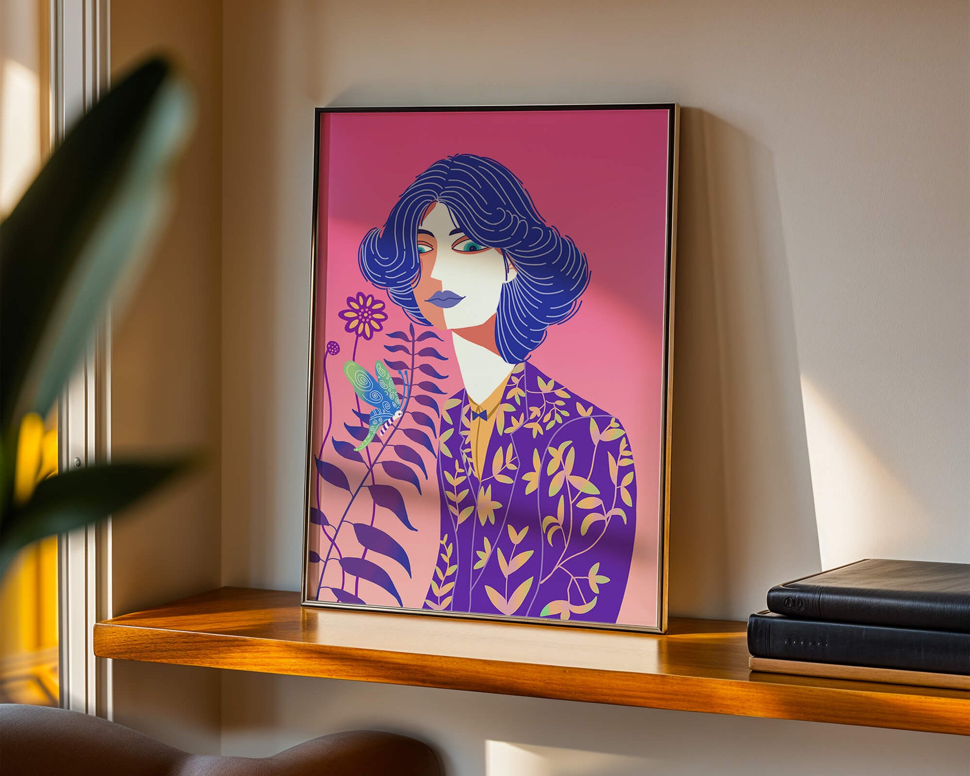 Stylized Portrait of a Woman with Blue Hair and Botanical Pattern