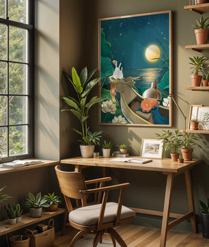 Ilustración serena de conejos contemplando una luna brillante sobre un lago tranquilo