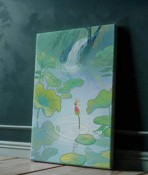 Serene pond scene with lotus leaves and waterfall