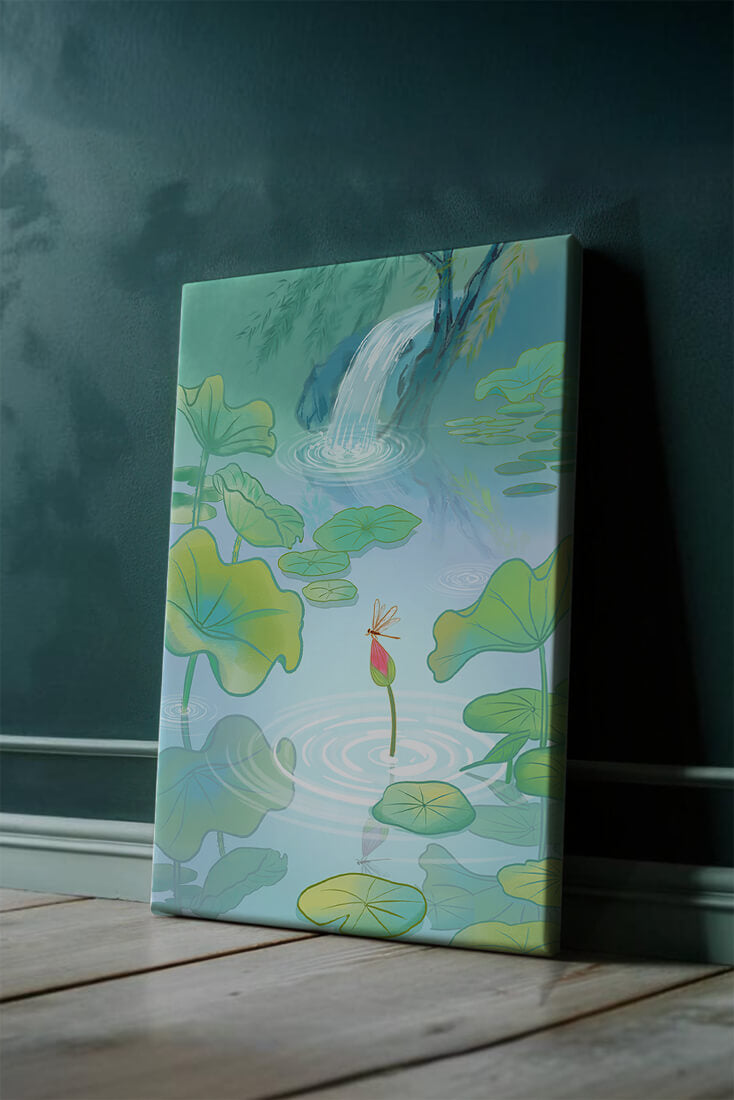 Serene pond scene with lotus leaves and waterfall