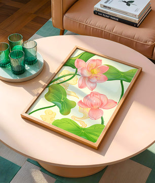 Illustration of pink lotus flowers with green leaves on a pastel background
