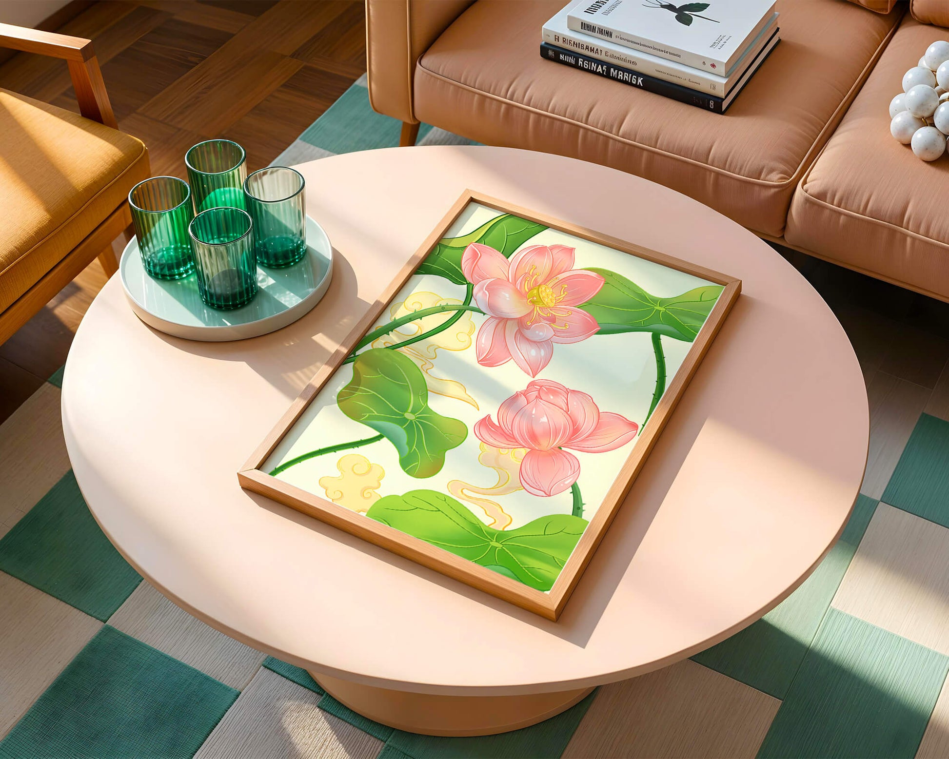 Illustration of pink lotus flowers with green leaves on a pastel background