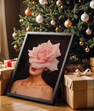 Woman with a Rose Head and Red Lips on a Dark Background - Mi tienda