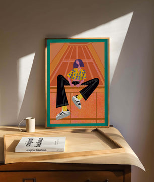 Stylish woman sitting in a vibrant geometric setting