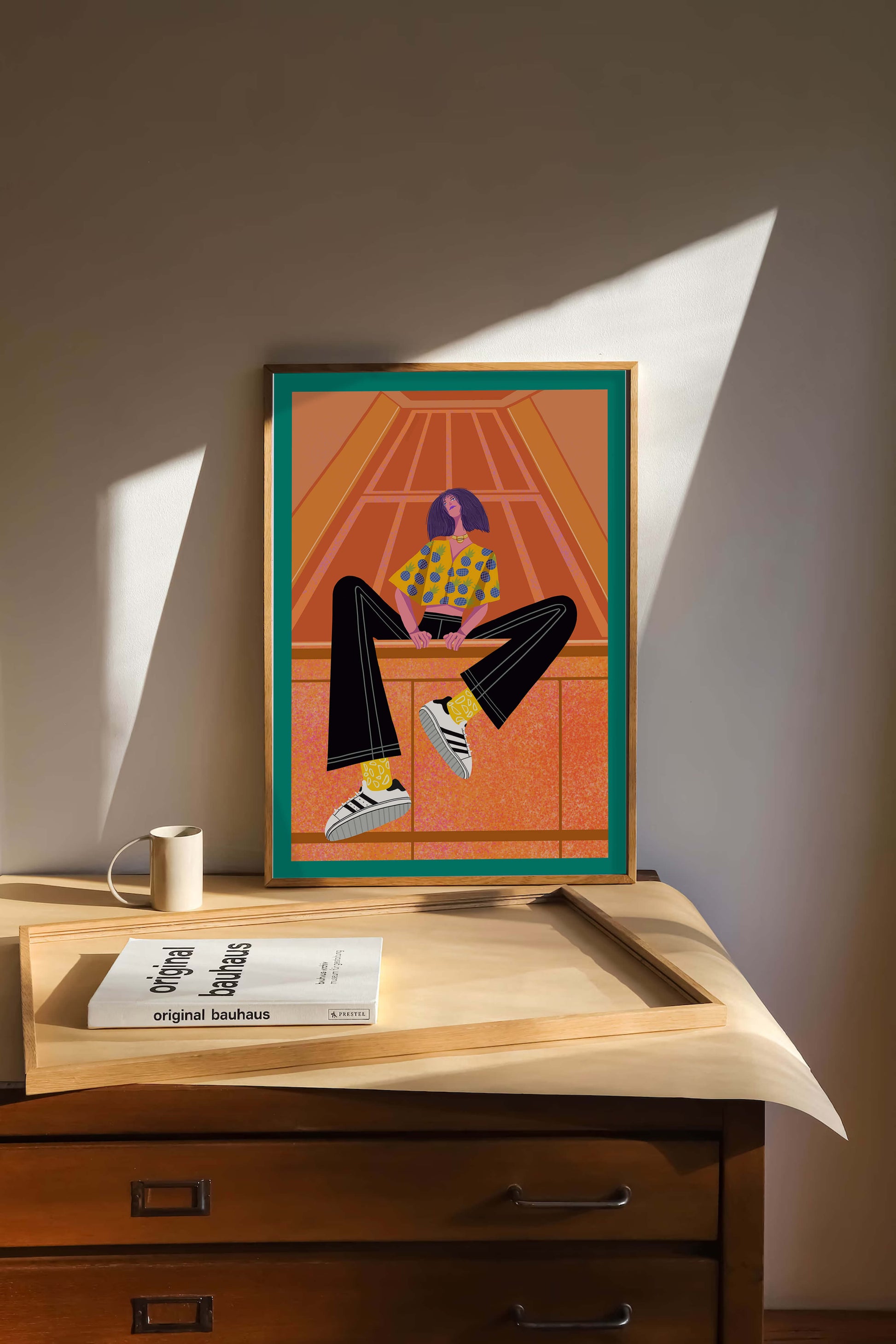 Stylish woman sitting in a vibrant geometric setting