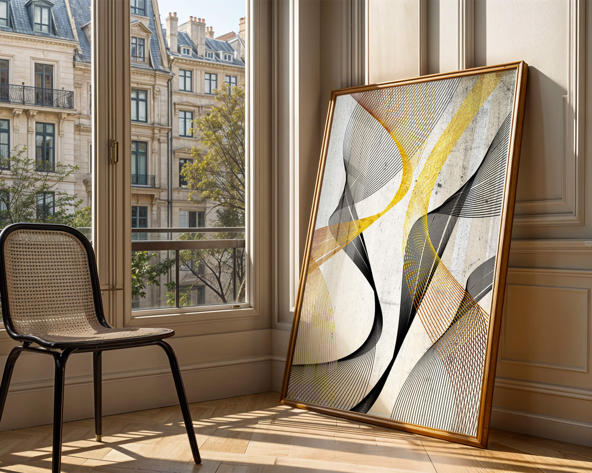 Abstract dynamic lines with golden and black swirls on textured background