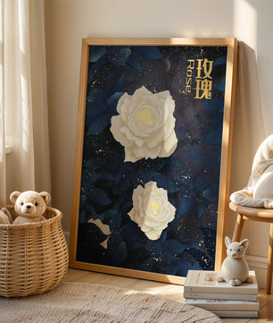 Elegant white roses on a celestial night background with deep blue leaves
