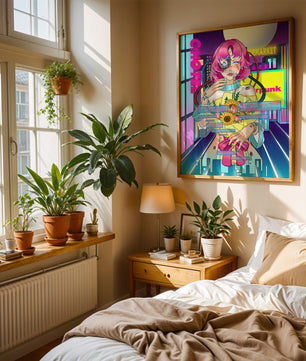 Mujer ciberpunk futurista con un ramo de flores en un paisaje urbano de neón