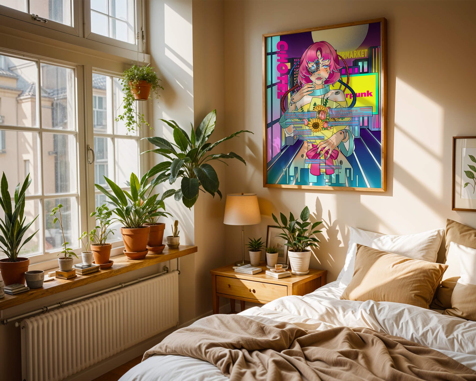 Futuristic cyberpunk woman with a bouquet of flowers in a neon cityscape