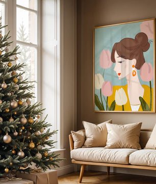 Serene woman surrounded by pastel tulips illustration