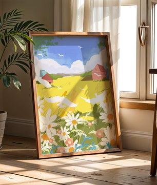 Summer Landscape with Birds and Flowers in a Pastoral Setting