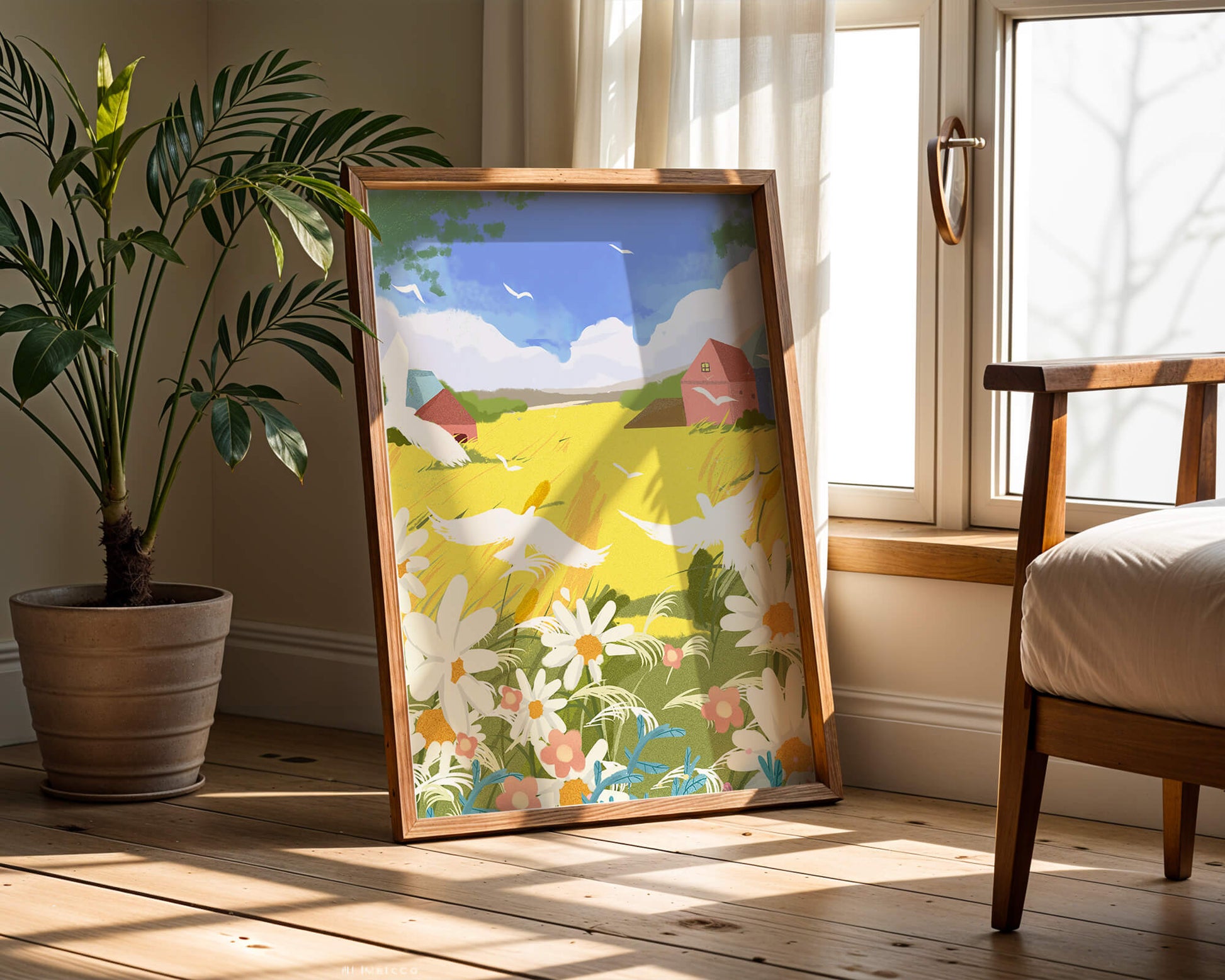 Summer Landscape with Birds and Flowers in a Pastoral Setting