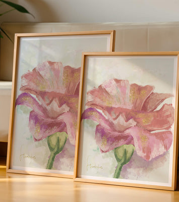 Vibrant pink flower with golden accents in abstract style