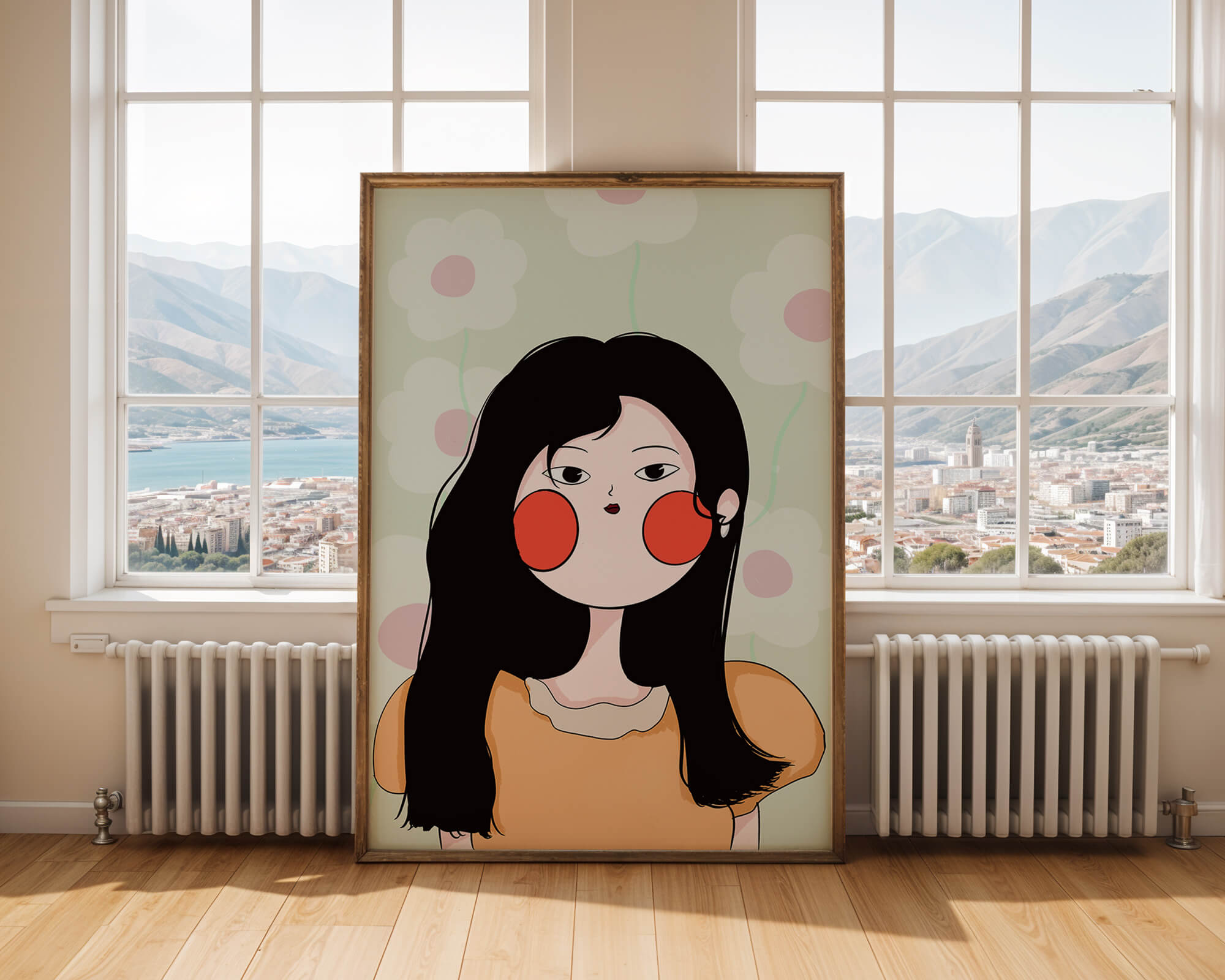 Charming illustration of a young woman with floral background