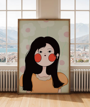 Charmante illustration d'une jeune femme avec un fond floral