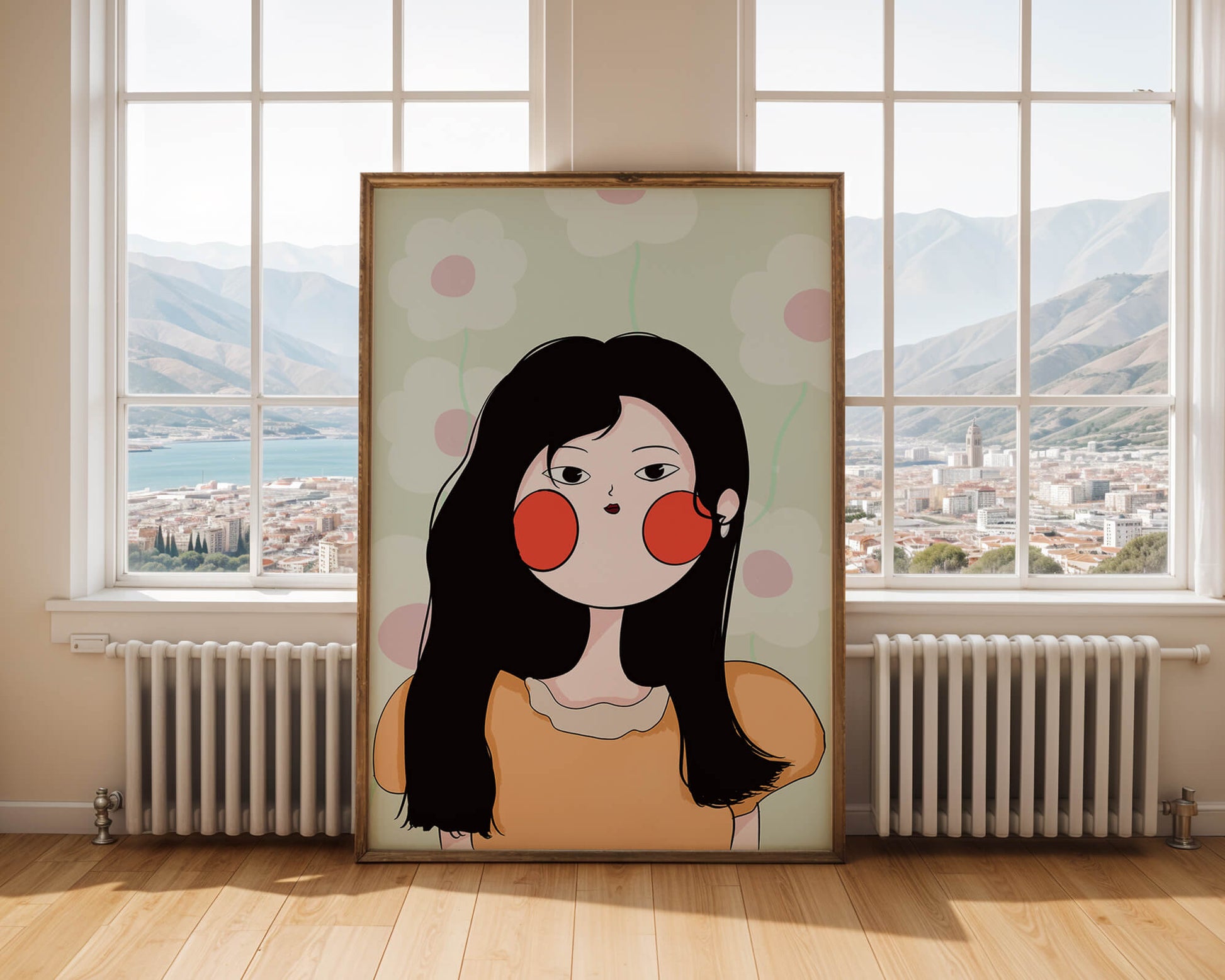 Charming illustration of a young woman with floral background