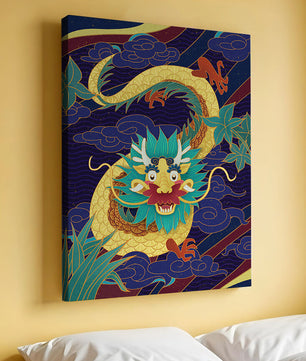 Illustration de dragon coloré avec des nuages ​​et des éléments de feuillage
