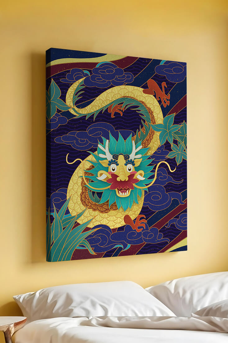 Illustration de dragon coloré avec des nuages ​​et des éléments de feuillage