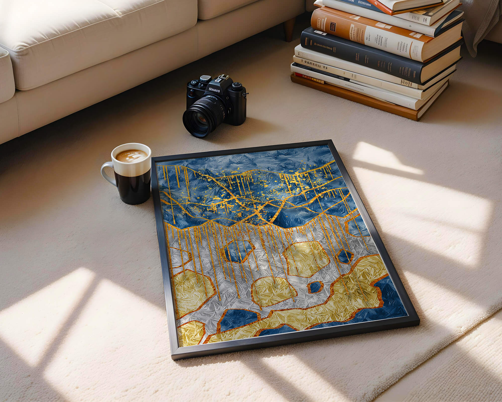 Abstract gold and blue textured art with dynamic splashes of color