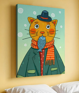 Gato caprichoso vestido con atuendo invernal colorido