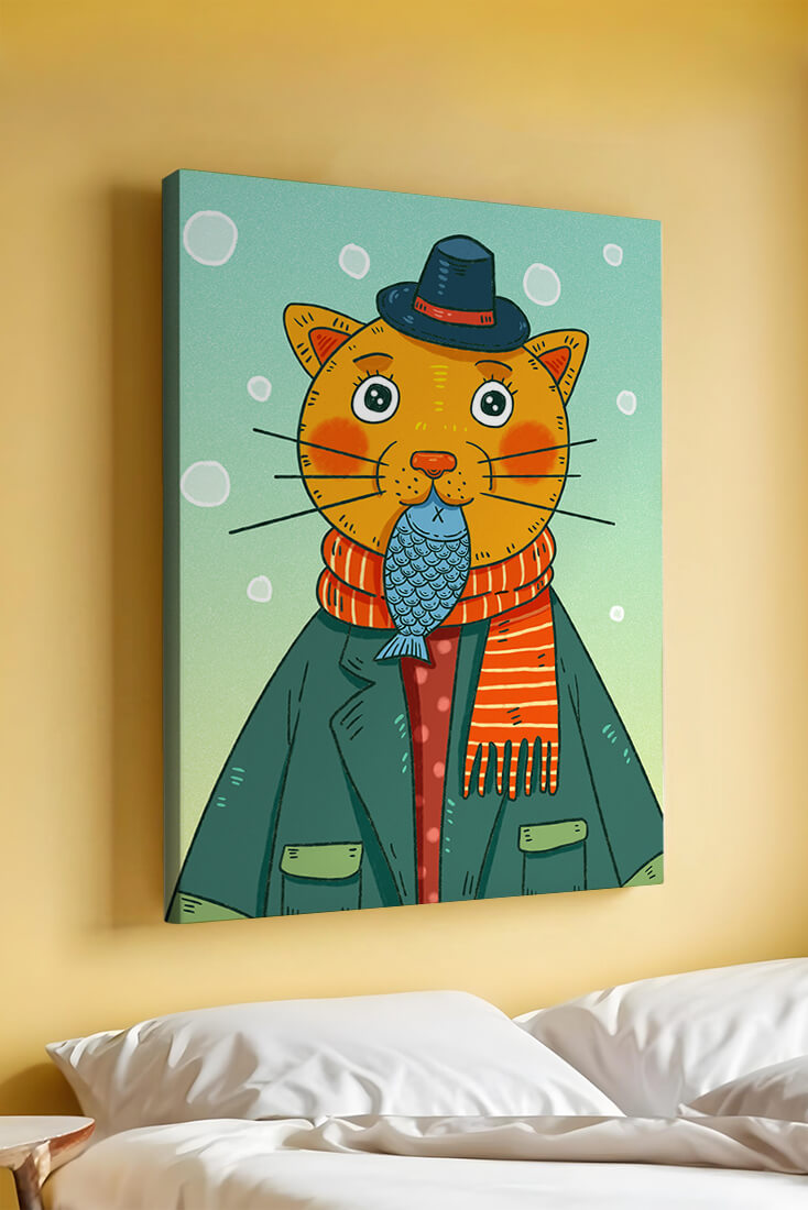 Whimsical cat dressed in colorful winter attire