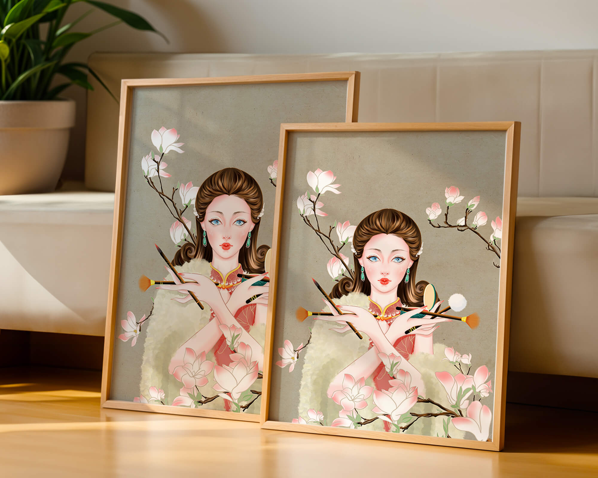 Elegant woman with makeup tools amidst blooming magnolia branches