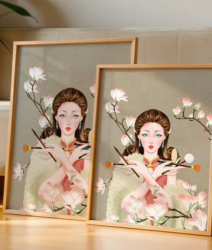Femme élégante avec des outils de maquillage parmi des branches de magnolia en fleurs