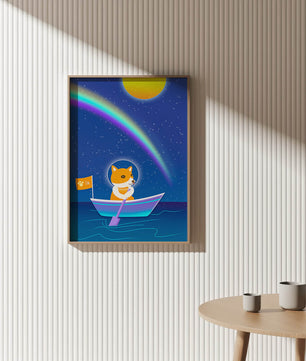 Dog in a Boat Under a Starry Sky with a Rainbow and Sun - Mi tienda