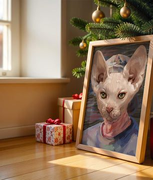 Painted portrait of a sphynx cat wearing a casual cap