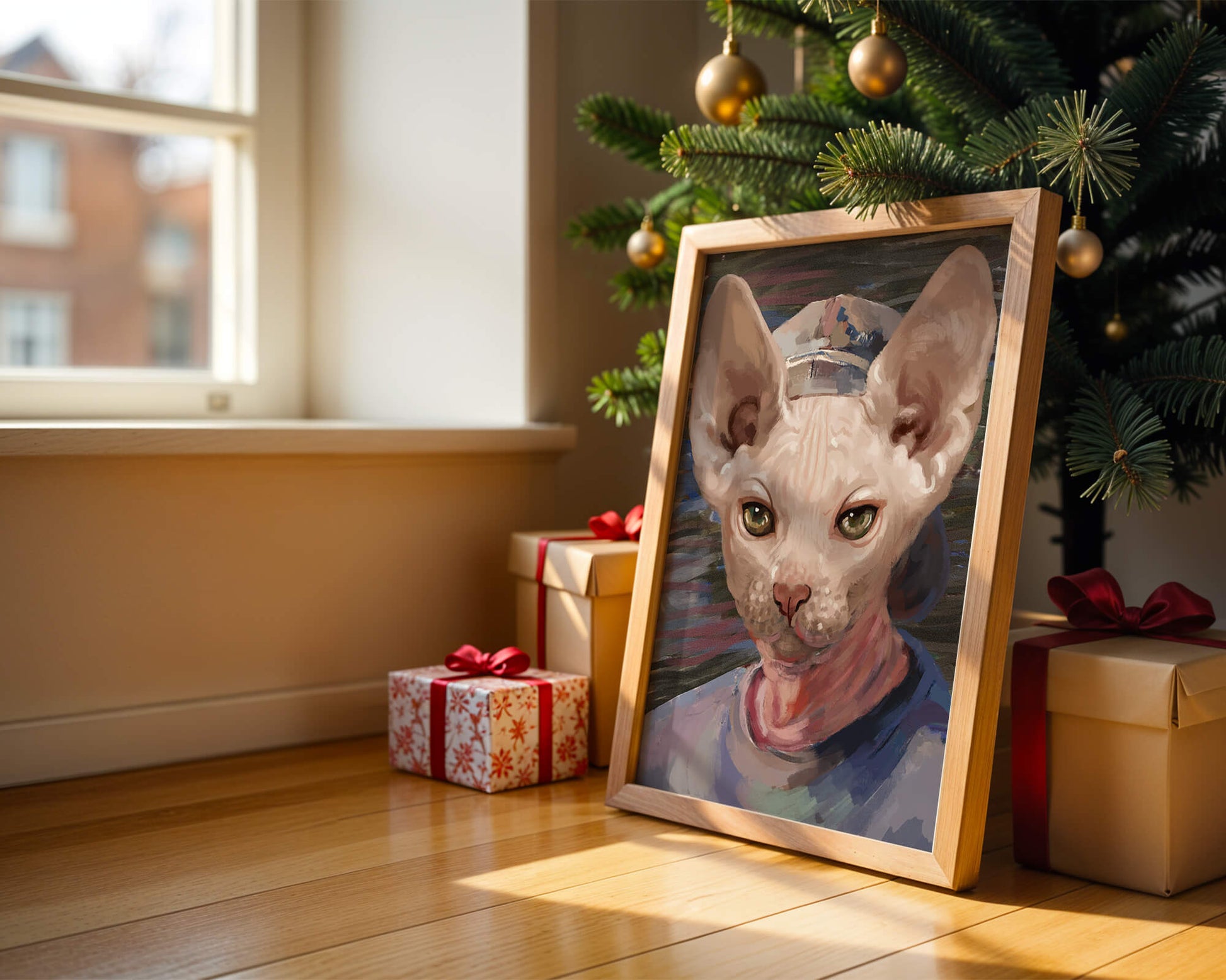 Painted portrait of a sphynx cat wearing a casual cap