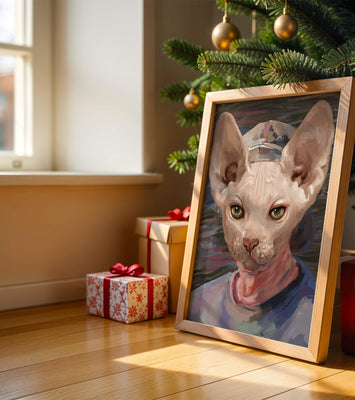Painted portrait of a sphynx cat wearing a casual cap