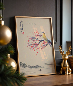 Traditional Chinese painting with bird and blossom branch over tranquil landscape