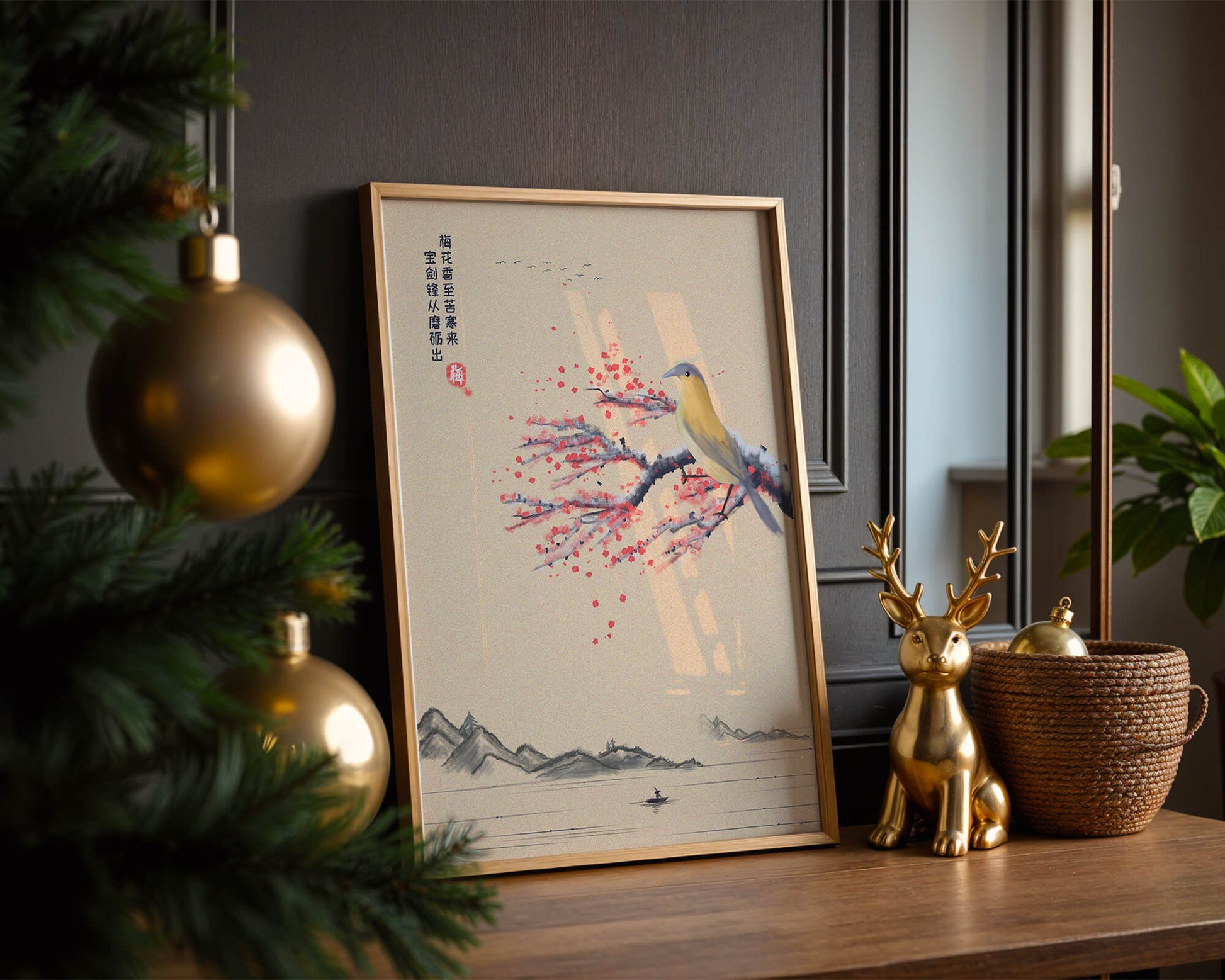Traditional Chinese painting with bird and blossom branch over tranquil landscape